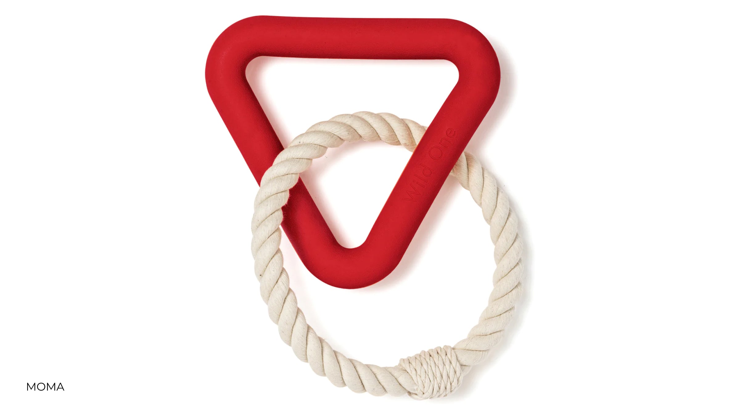 Triangle chew toy made of red rubber and cotton coincentric rings