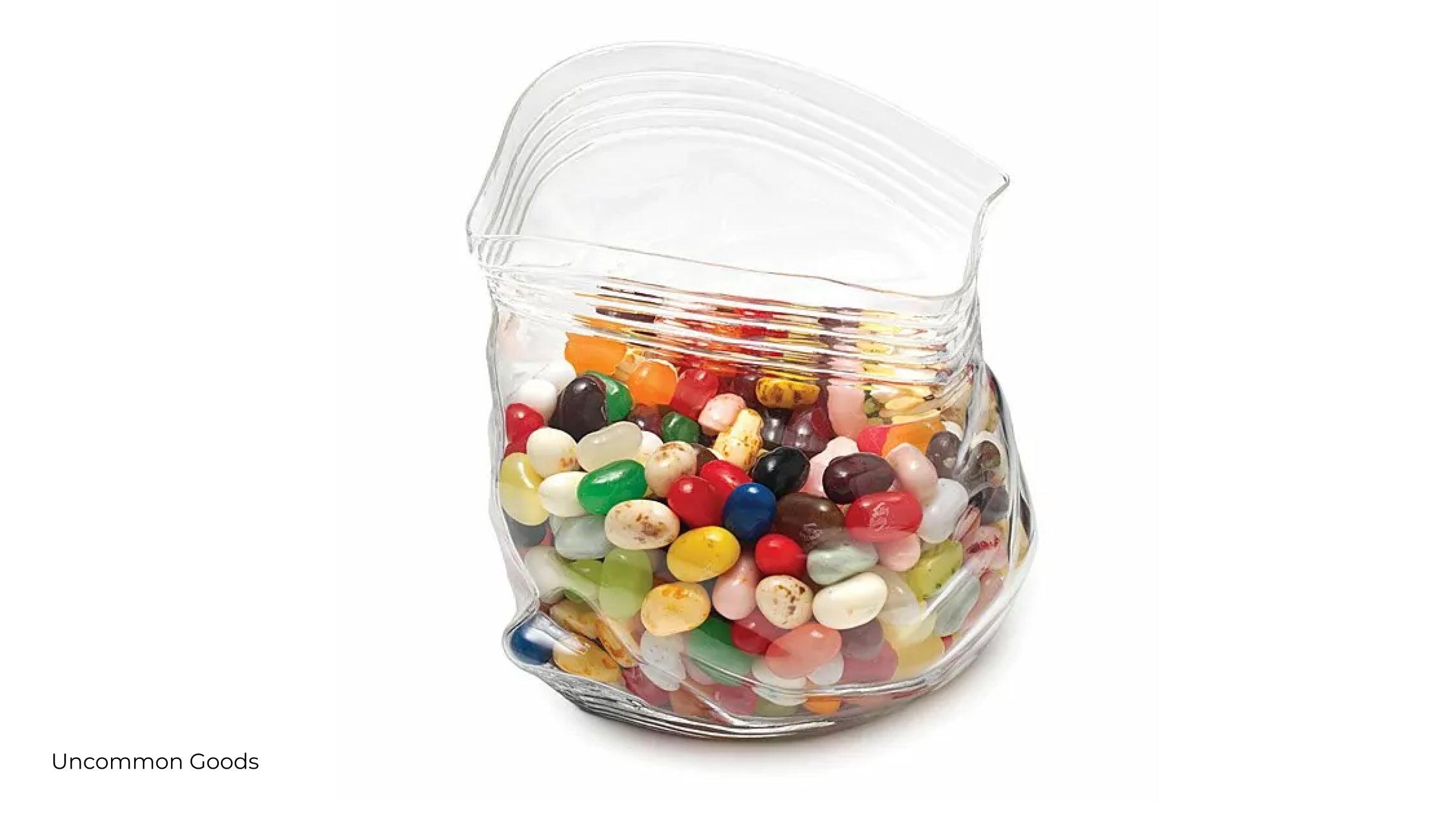 Unzipped glass zipper bag candy dish filled with jelly beans from Uncommon Goods