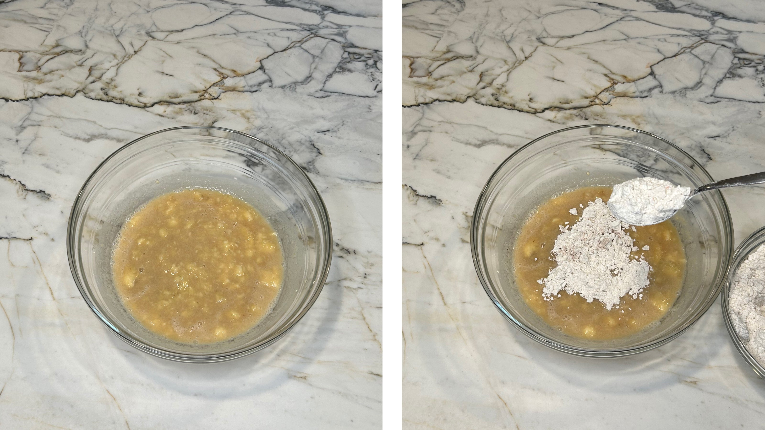 Wet and dry ingredients in a bowl for apple banana muffins