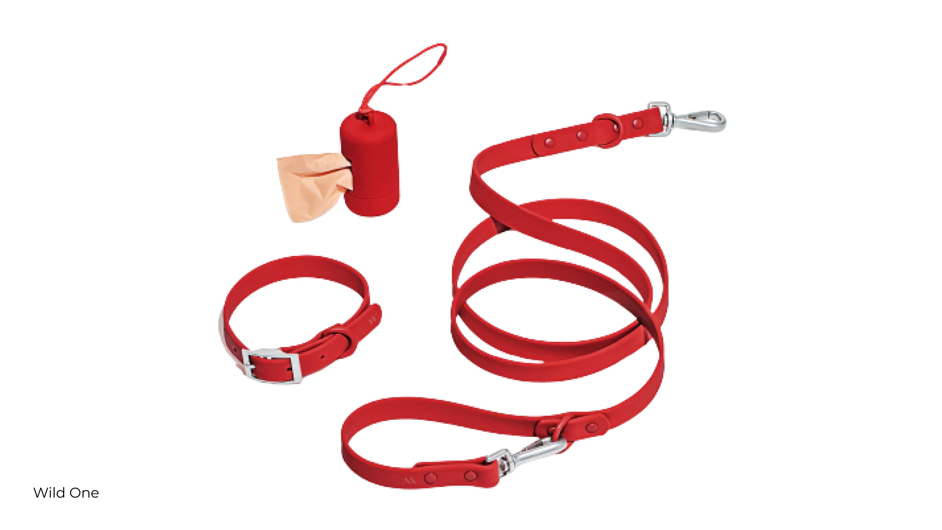 Wild One collar, leash, and doggie bag dispenser in red