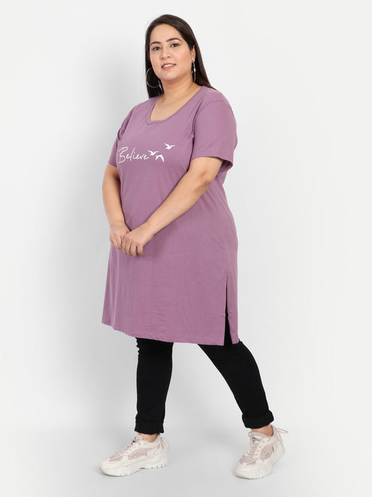 Plus Size Printed Long Tops For Women Full Sleeves T-shirts - Lavender