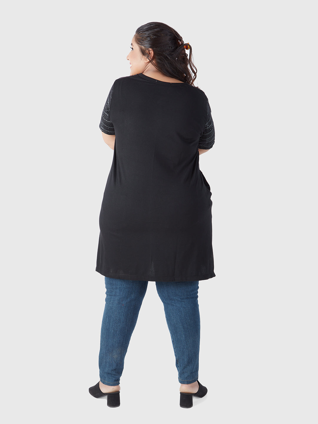 Plus Size Printed Long Tops For Women Half Sleeves - Black