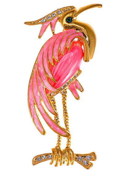 Lovely Pink Plumed Rose Standing Happy Crane Brooch Pin