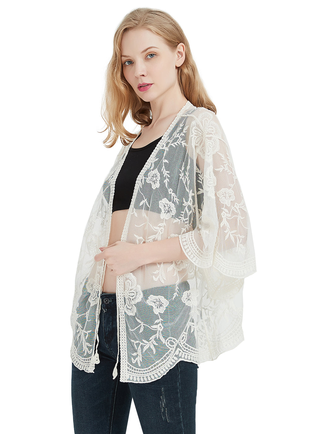 Embroidered Sheer Lace Kimono Crop Cardigan with Half Sleeves | Womens |  Anna-Kaci – ALILANG.COM