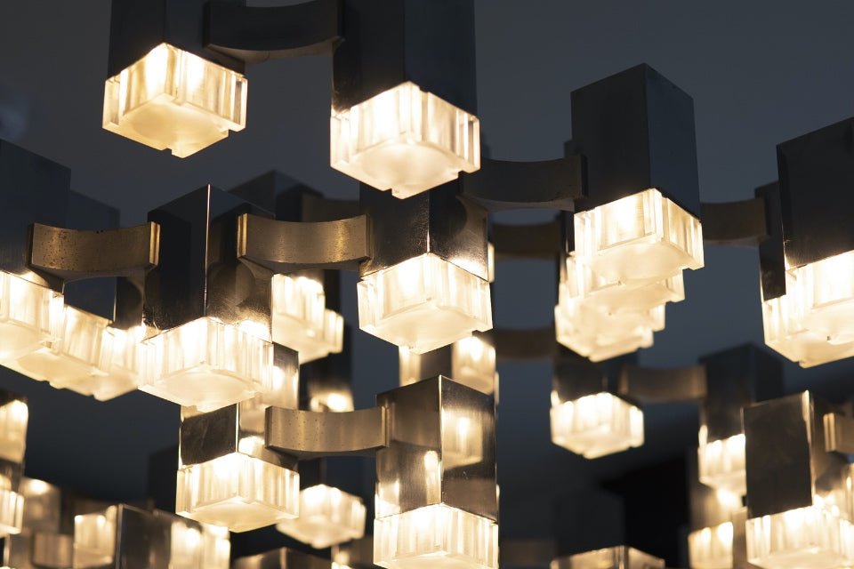 Close up image of 51 Light Cubic Chandelier by Gaetano Sciolari