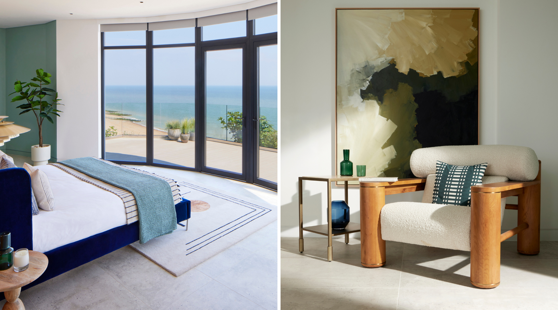 Omaze Million Pound House Draw - Kent House main bedroom panoramic sea views and armchair with abstract painting