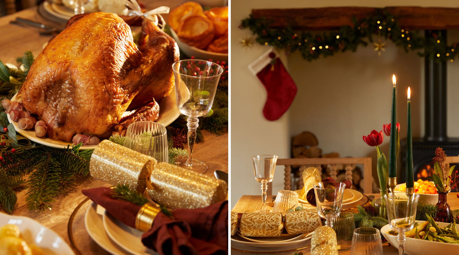 Omaze Million Pound House - Lake District. Turkey on the Christmas dinner table with gold crackers, green candles and glasses 