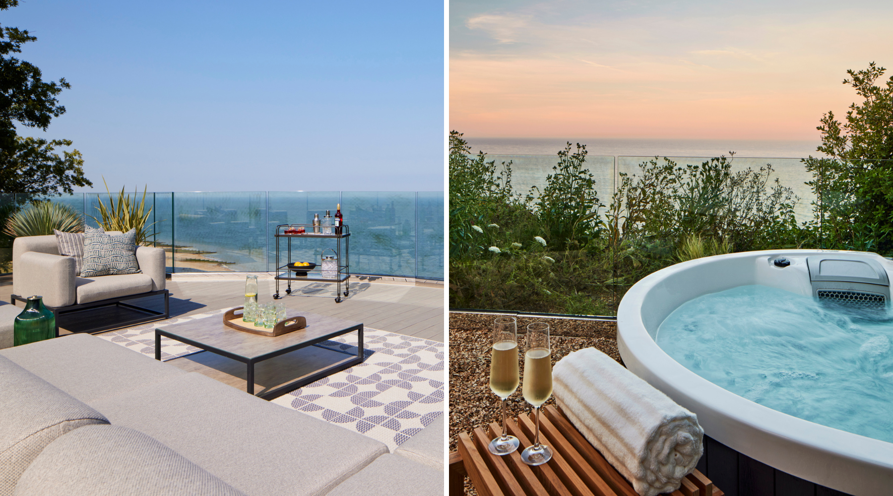 Omaze Million Pound House Draw Kent Rooftop overlooking sea and hot tub with Champagne at sunset