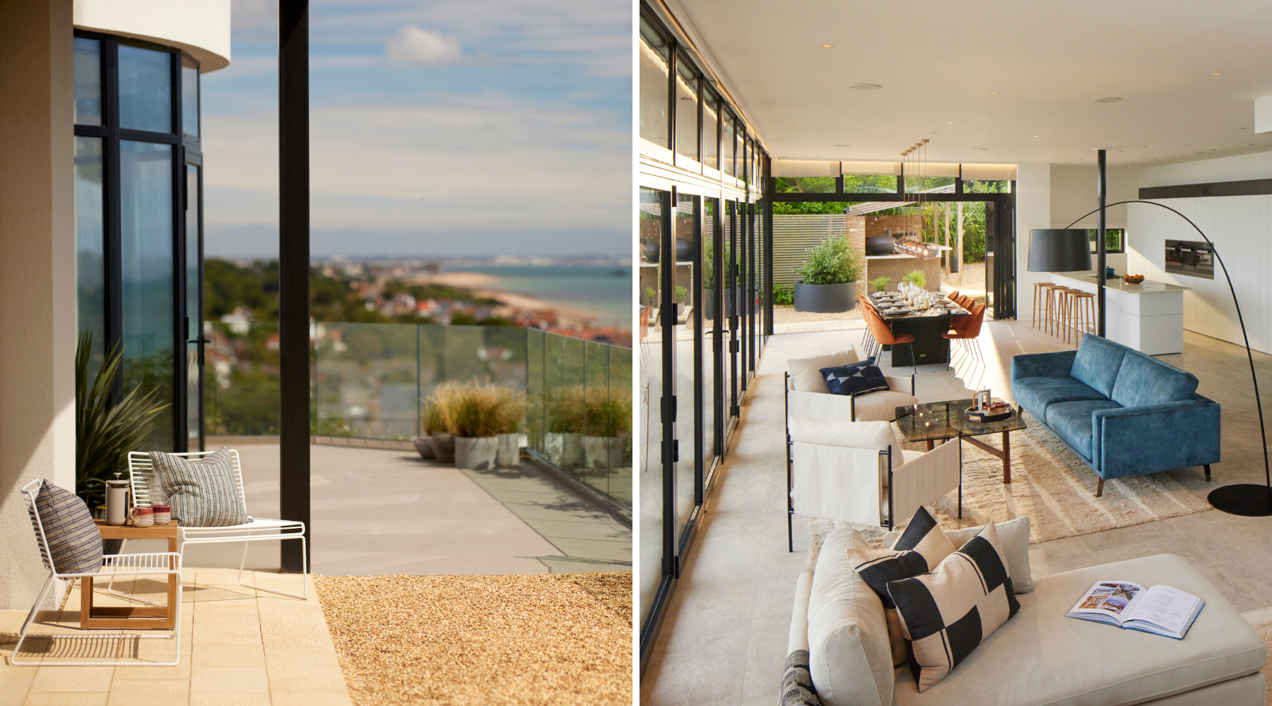 Omaze Million Pound House Kent - outdoor terrace with chairs overlooking the sea and Ariel shot of lounge