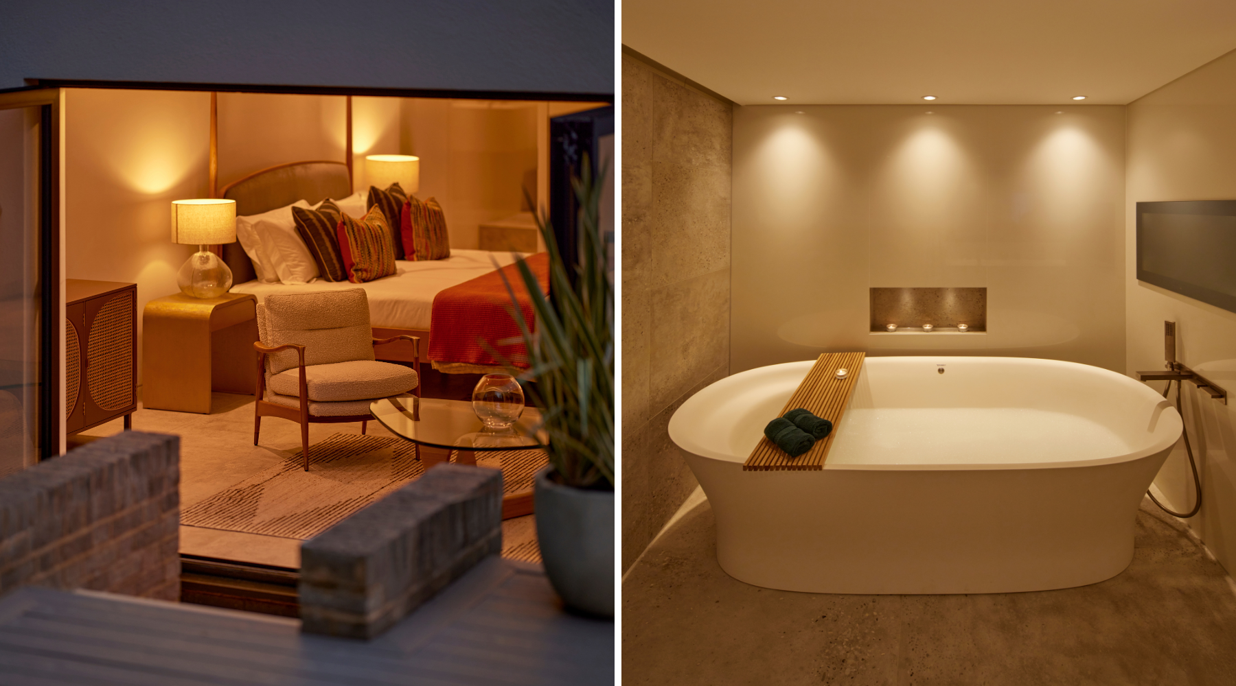 Omaze Million Pound House Kent - guest room at night with doors opening onto a terrace and oval bath in the guest ensuite with ambient lighting 
