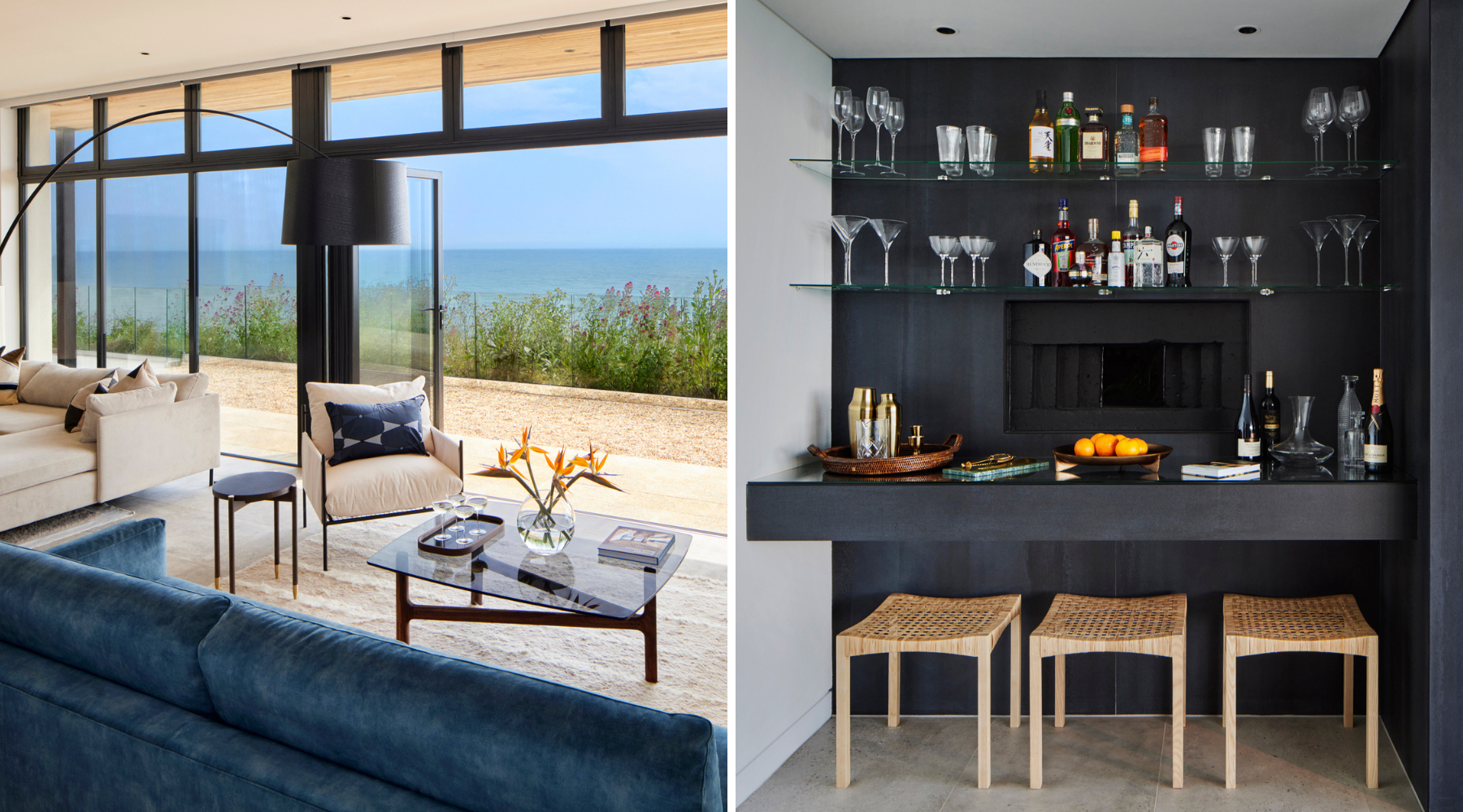 Omaze Million Pound House Kent - bar and mid century modern lounge with open doors overlooking the sea