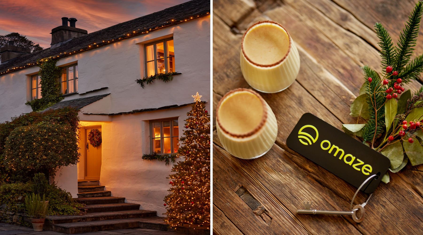 Omaze Million Pound House Lake District - House porch in the sunset with fairy lights around the window. Rustic table with key and Omaze keyring, Christmas foliage and  two glasses of egg nog 