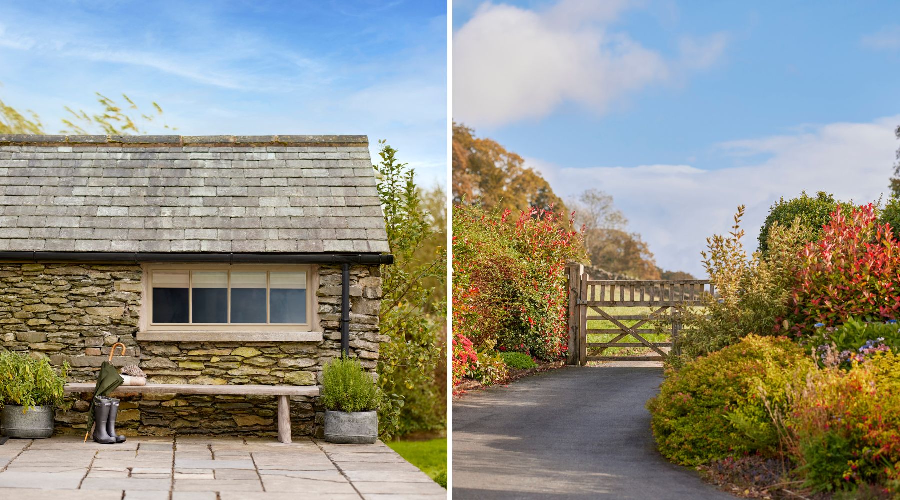 Omaze Million Pound House Lake District - stone annex with black wellies outside. Garden gate in the sun surrounded by country style garden