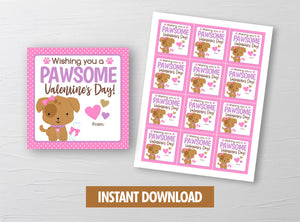 Have a PAWSOME Valentine's Day Card, Puppy Girl, Doggy, Dog Square Gift Tags, School Exchange Ideas, INSTANT DOWNLOAD - TitaTipsPrintables
