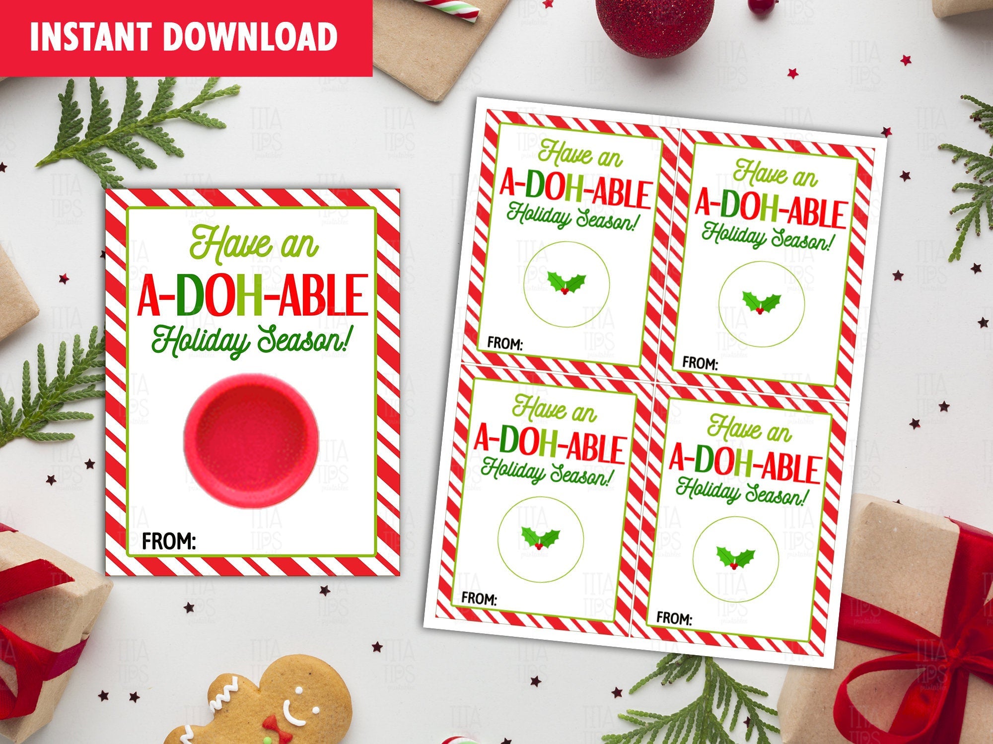 Have an A-DOH-ABLE Holiday Season! Play Dough Card DIY Printable, Exchange Tag, Neighbor Gift, Instant Download - TitaTipsPrintables