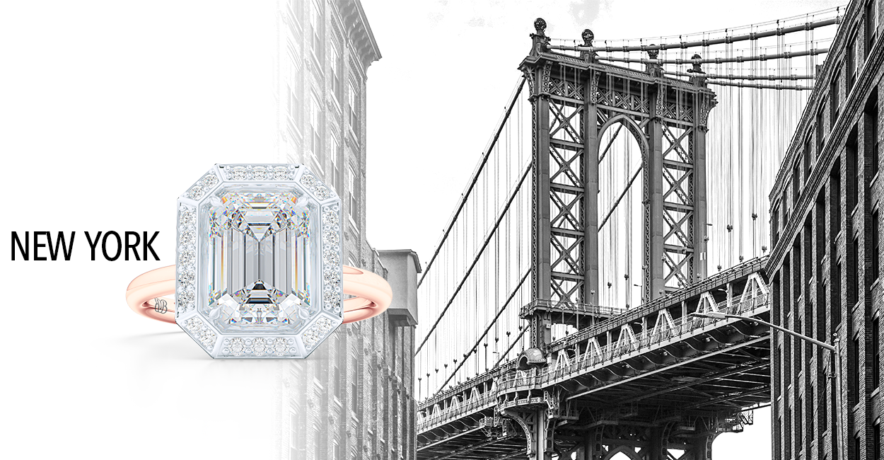 Signature Emerald Cut Halo engagement ring. Hand-fabricated in two tone Gold and GIA certified Diamond, Moissanites and Lab-Grown Diamonds available. BASHERT JEWELRY