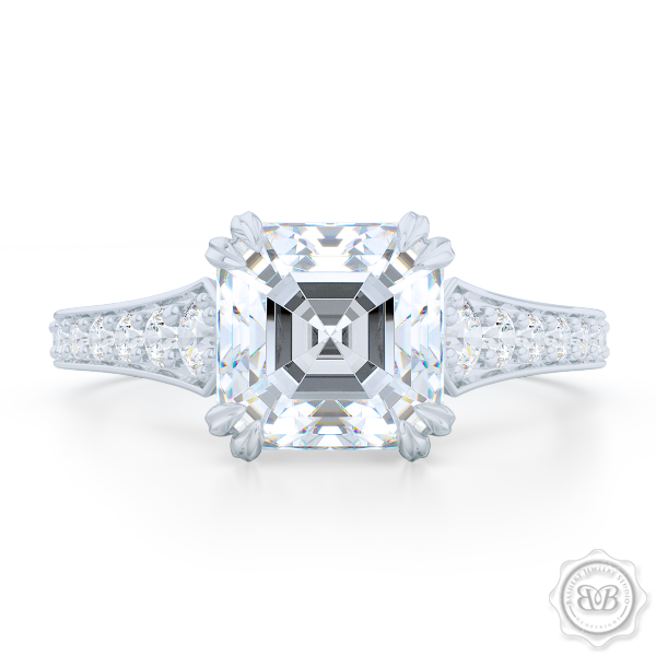 Round Cut Moissanite Engagement Ring, Pave Set Shoulders