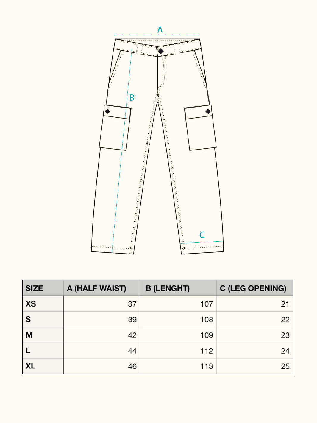 guida alle taglie cargo pantalon brand