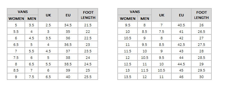 Kenzo x Vans Size Chart Men and Women 