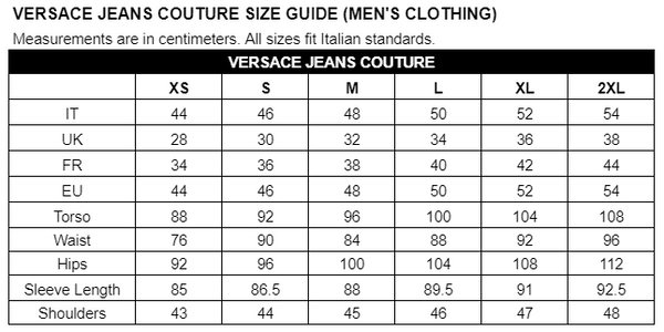 Versace Underwear Size Chart