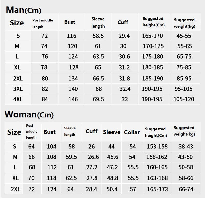 Heater Body Suit Size Chart