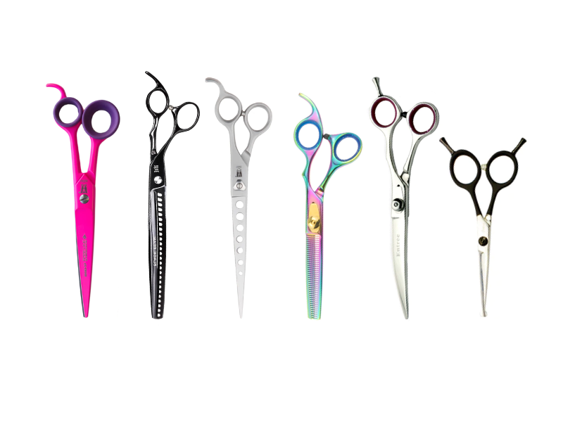 Scissors in order from left to right: Witte Roseline Art Series Flamingo Pink, Geib Black Pearl Chunker, Witte Roseline Lightweight Straight Scissors, Geib Kiss Gold/Rainbow Thinners, Geib Entreé Curved Scissors, Geib Gator Straight Ball Tip Safety Scissors