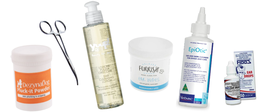 Ear cleaning products lineup from AllGroom. Left to right: Dezyna Dog Pluck It Powder, Curved Hemostats, Yuup! Cosmetics Ear Cleansing Lotion, Furrish Ear Wipes, Epi-Optic Ear and Skin Cleaner, Fidos Ear Drops 