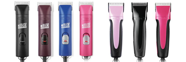 Andis Clippers - Left to Right - Andis AGC Black, Burgundy, Blue, Pink. Andis Excel 5 Sparkle Pink, Black, Magenta