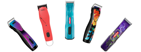 Cordless Clippers, left to right: Andis Pulse ZR II in Galaxy, Wahl KM Cordless, Heiniger Opal, Andis Pulse ZR II in Flora, Heiniger Saphir