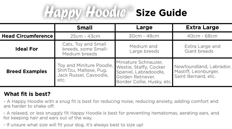 Happy Hoodie Size Guide. Small size for cats, toy and small breed dogs. Medium size for small-medium, medium and large breed dogs. Extra large size for extra large and giant breed dogs 