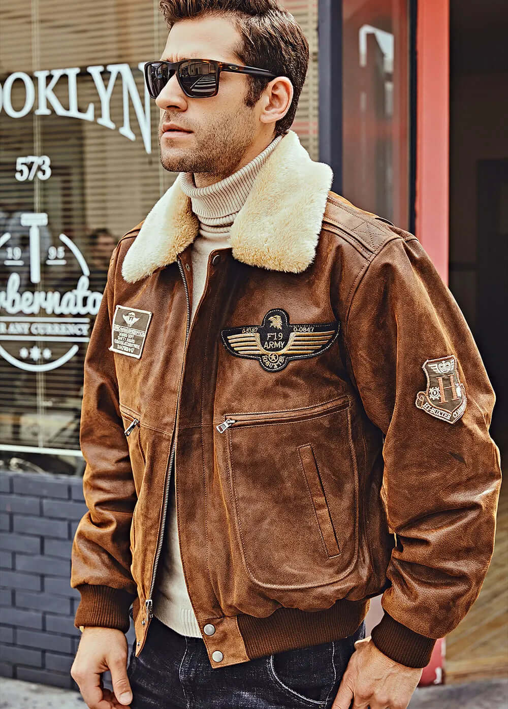 17.flavor leather men s leather bomber jacket aviator with removable collar