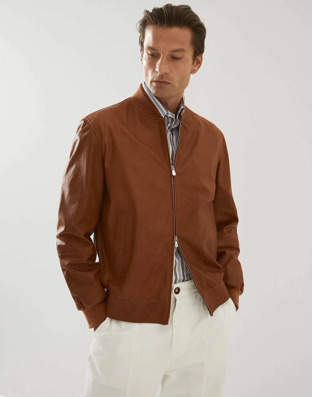 7.brunello cucinelli hand buffered nappa leather bomber jacket