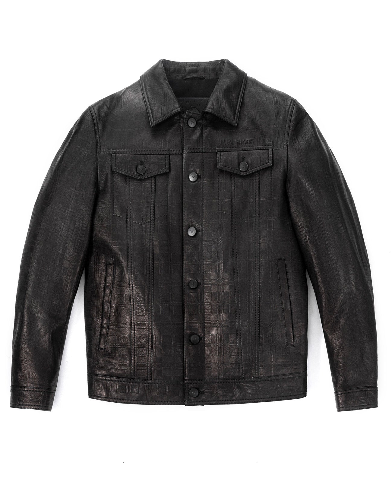 Black Indentation Embroidery Genuine Leather Jacket