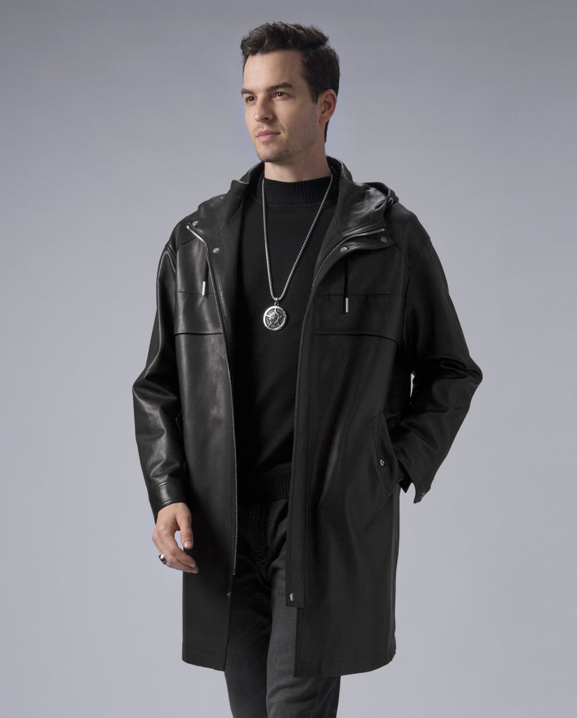 Black Leather Trench Coat Mens Hooded Leather Duster Coat