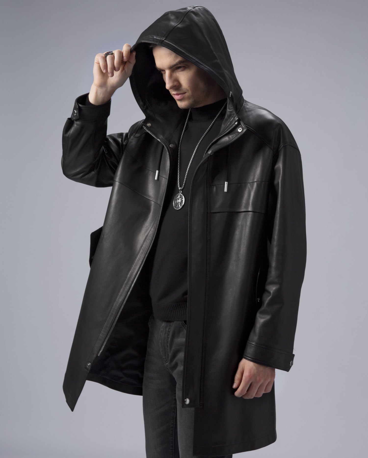 Black Leather Trench Coat Mens Hooded Leather Duster Coat