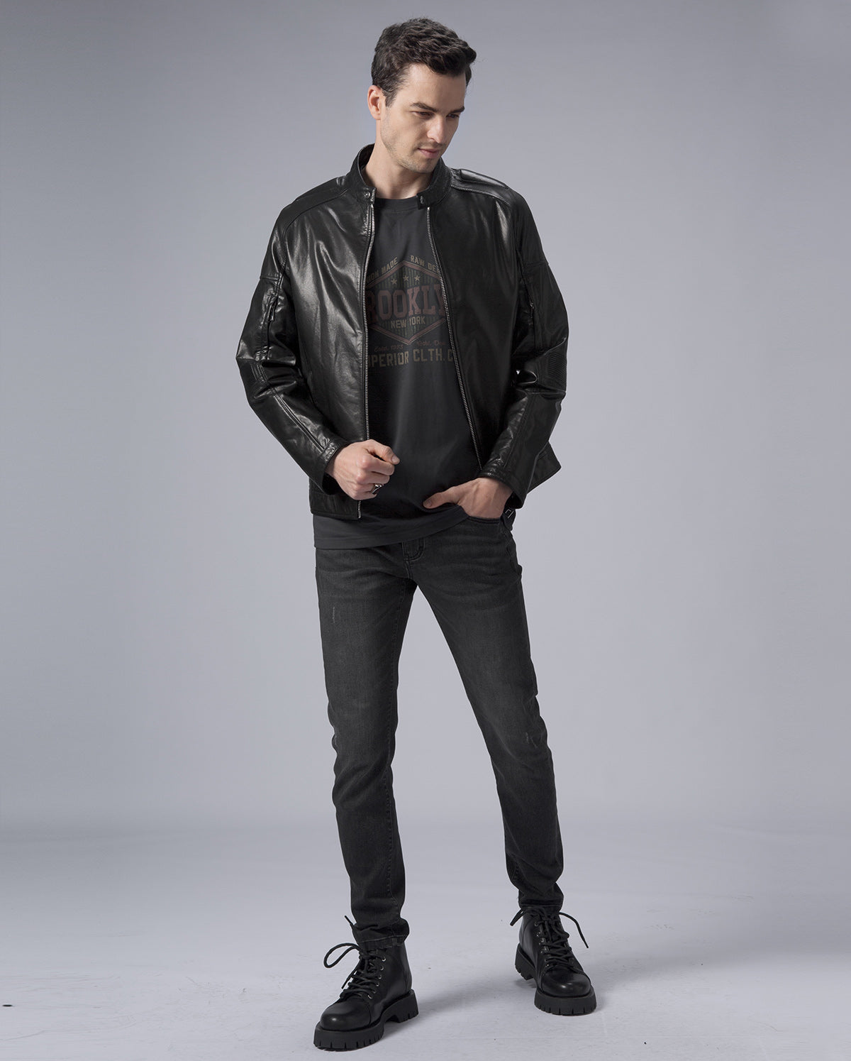 Classic Black Leather Racer Jacket Zip Up Moto Jacket