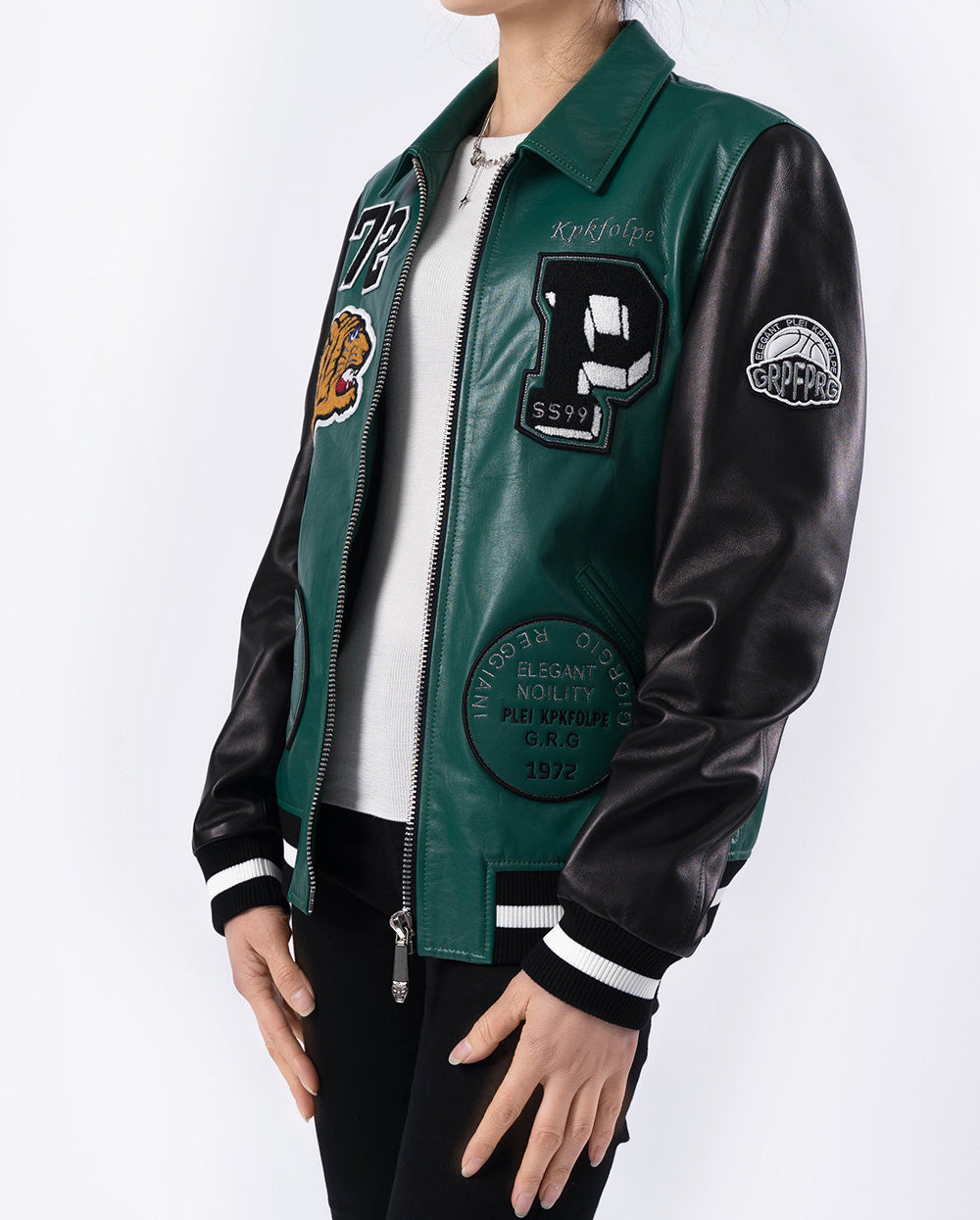 Pattern Patched Lambskin Bomber Varsity Jacket