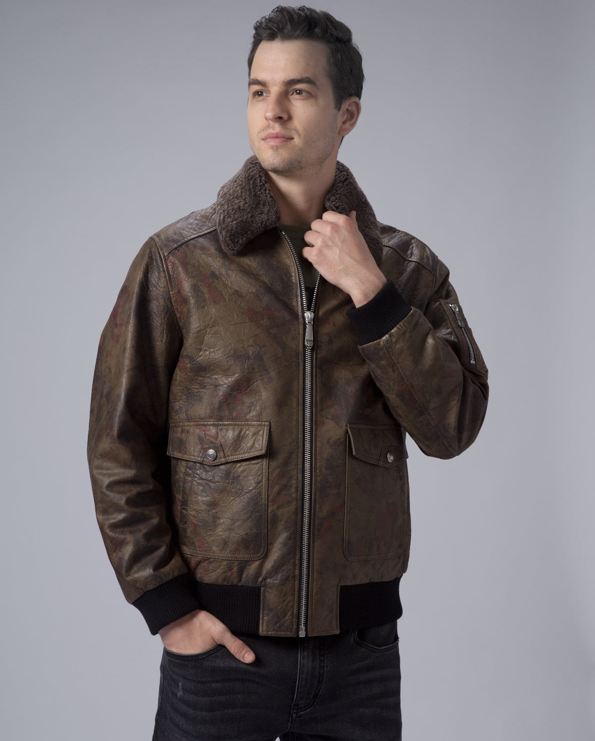 Green G-1 Navy Leather Flight Jacket with Removable Fur Collar ...