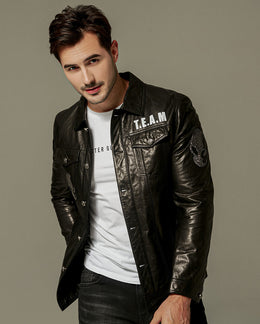 Men's Fashion Printed Denim Genuine Leather Jacket | PalaLeather