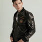Embroidered Vegetable Tanned Goatskin Baseball Jacket with Knitted Baseball Collar
