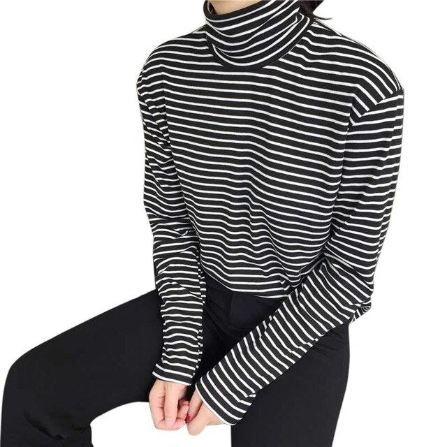 Black White Striped Long Sleeve Turtleneck E Girlfactory Com