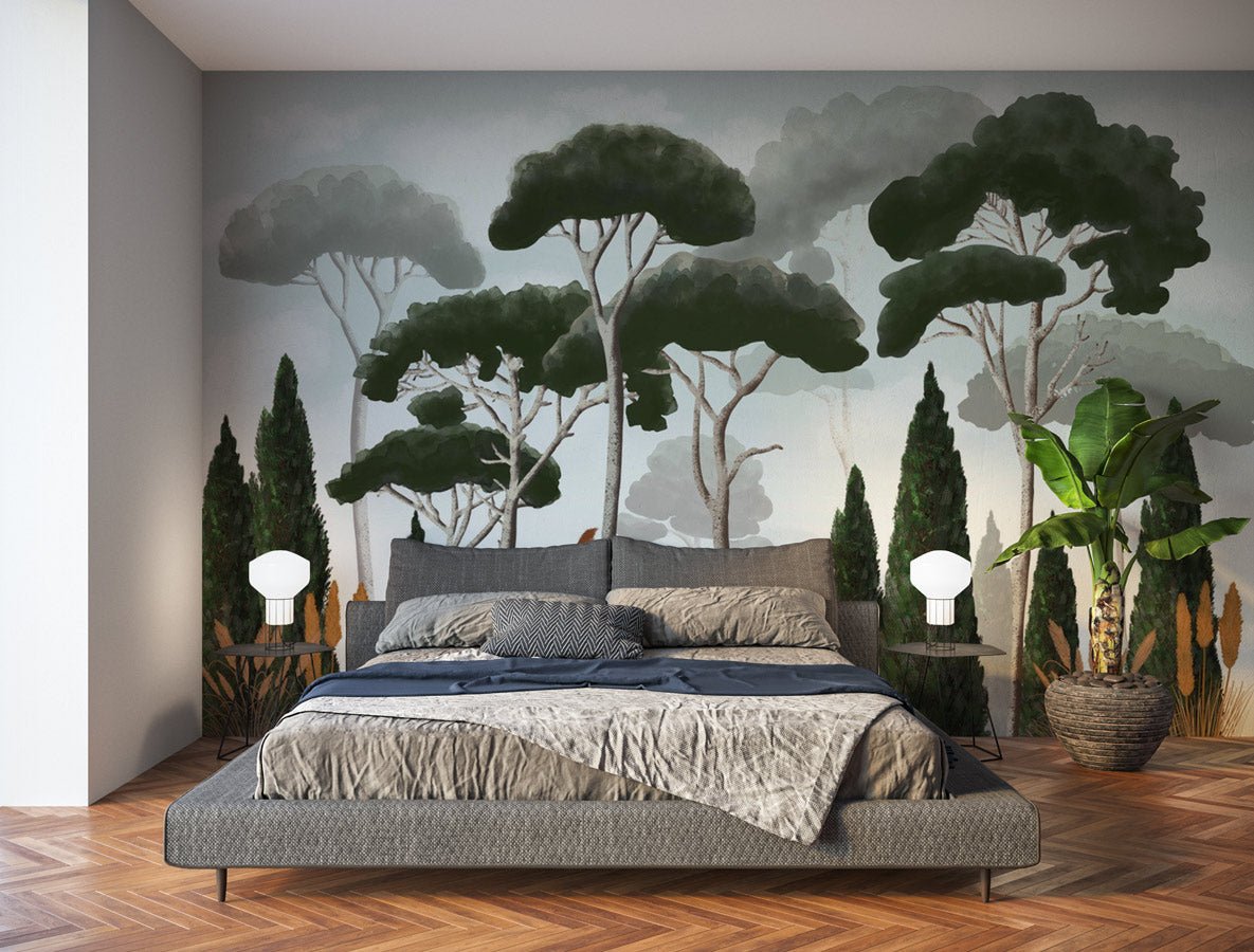 Papier peint sur mesure cyprès pins et herbes de la pampa - MuralConcept
