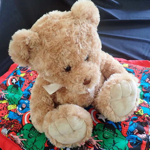 A super hero's medium lap blanket + a 1kg brown teddy bear