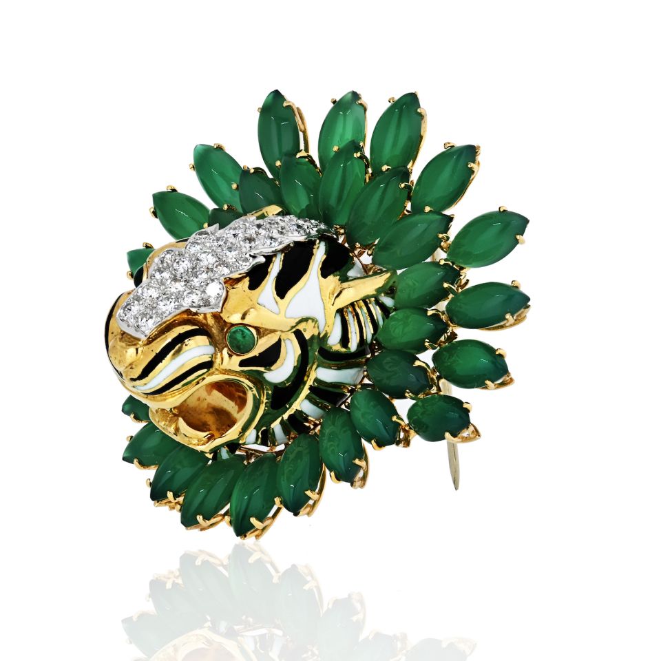 David Webb Platinum &18k Gold Black Striped Tiger with Emerald