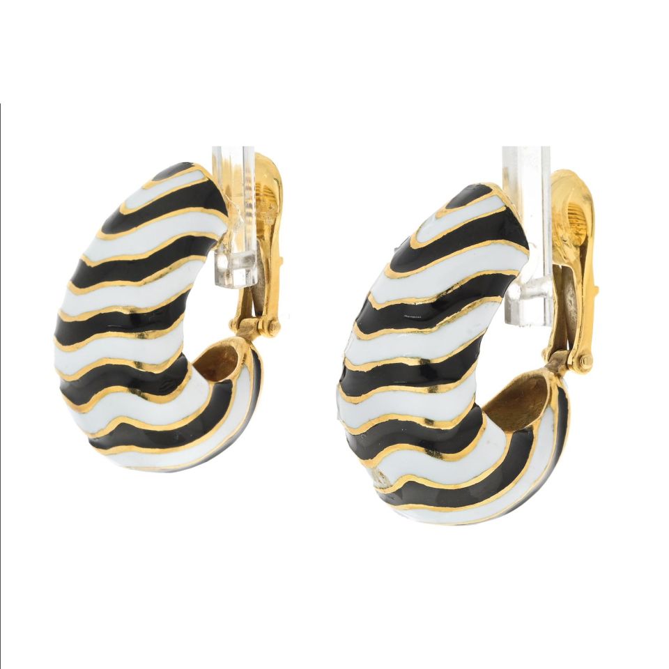 Zebra Stripe Earrings  Striped earrings, White enamel, 18k gold