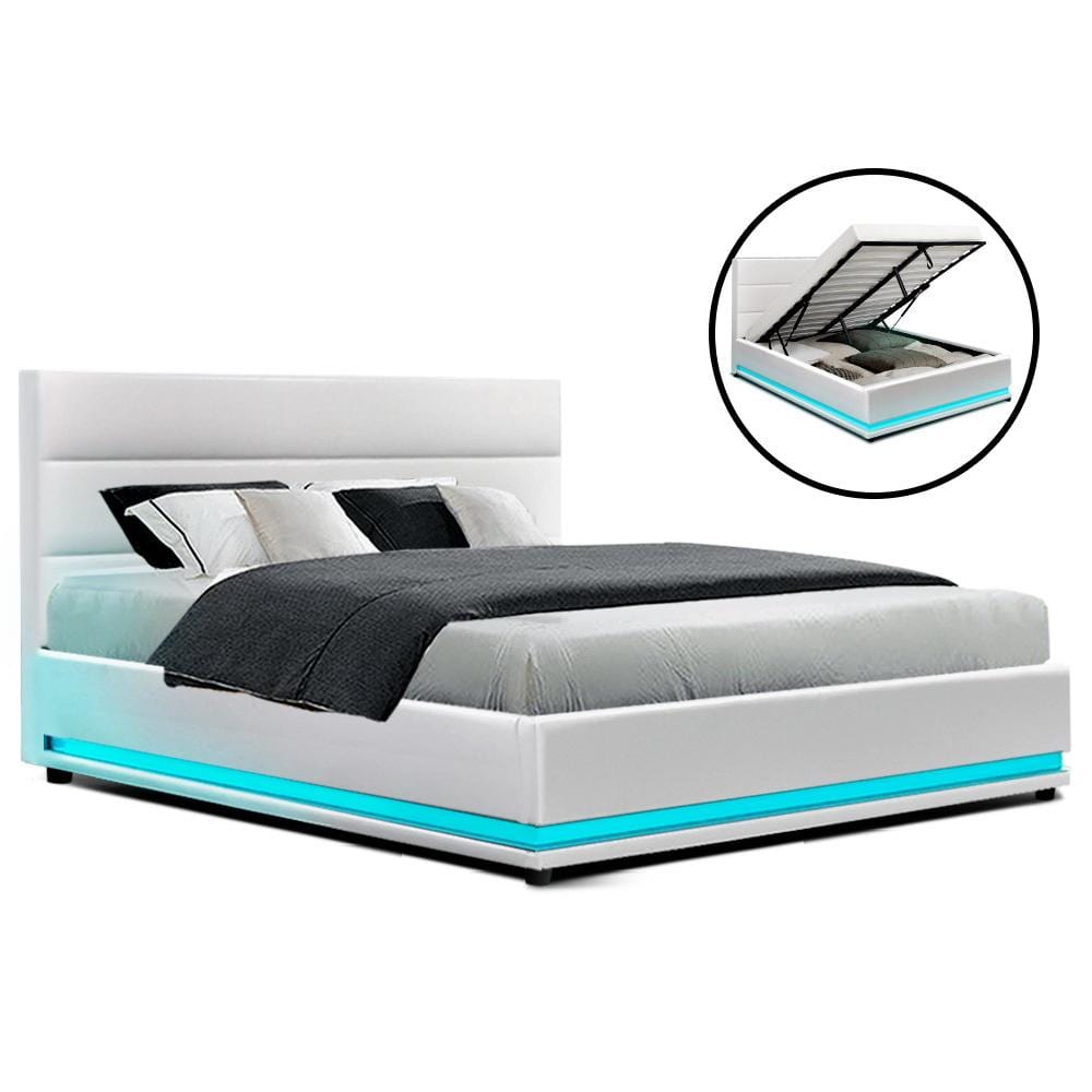 Rgb Led Bed Frame Base Storage Lumi Gas Lift Leather White Double Full Home On The Swan