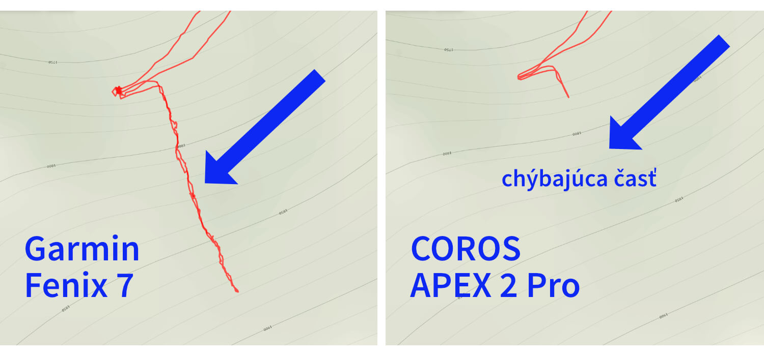 Testovanie Dual Frequency módu v Demänovskej doline. V strmom žľabe COROS APEX 2 Pro neuložil približne 400 metrový úsek.