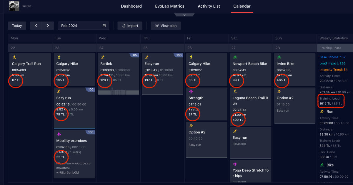 Training Load priradený každej tréningovej jednotke v kalendárovom prehľade v platforme COROS Training Hub