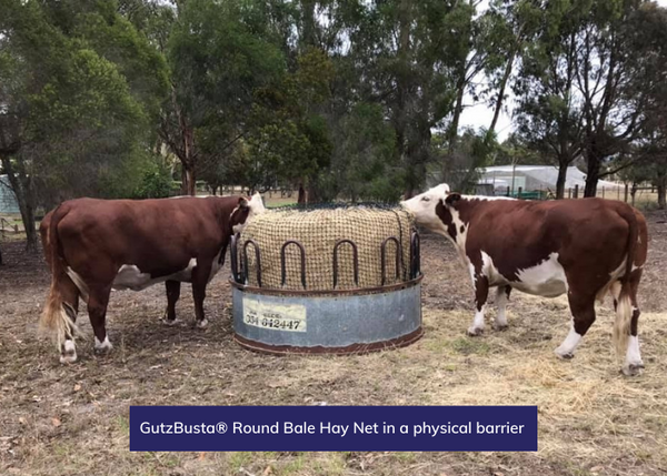GutzBusta® Round Bale Hay Net in a physical barrier