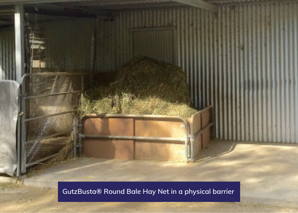 GutzBusta® Round Bale Hay Net in a physical barrier
